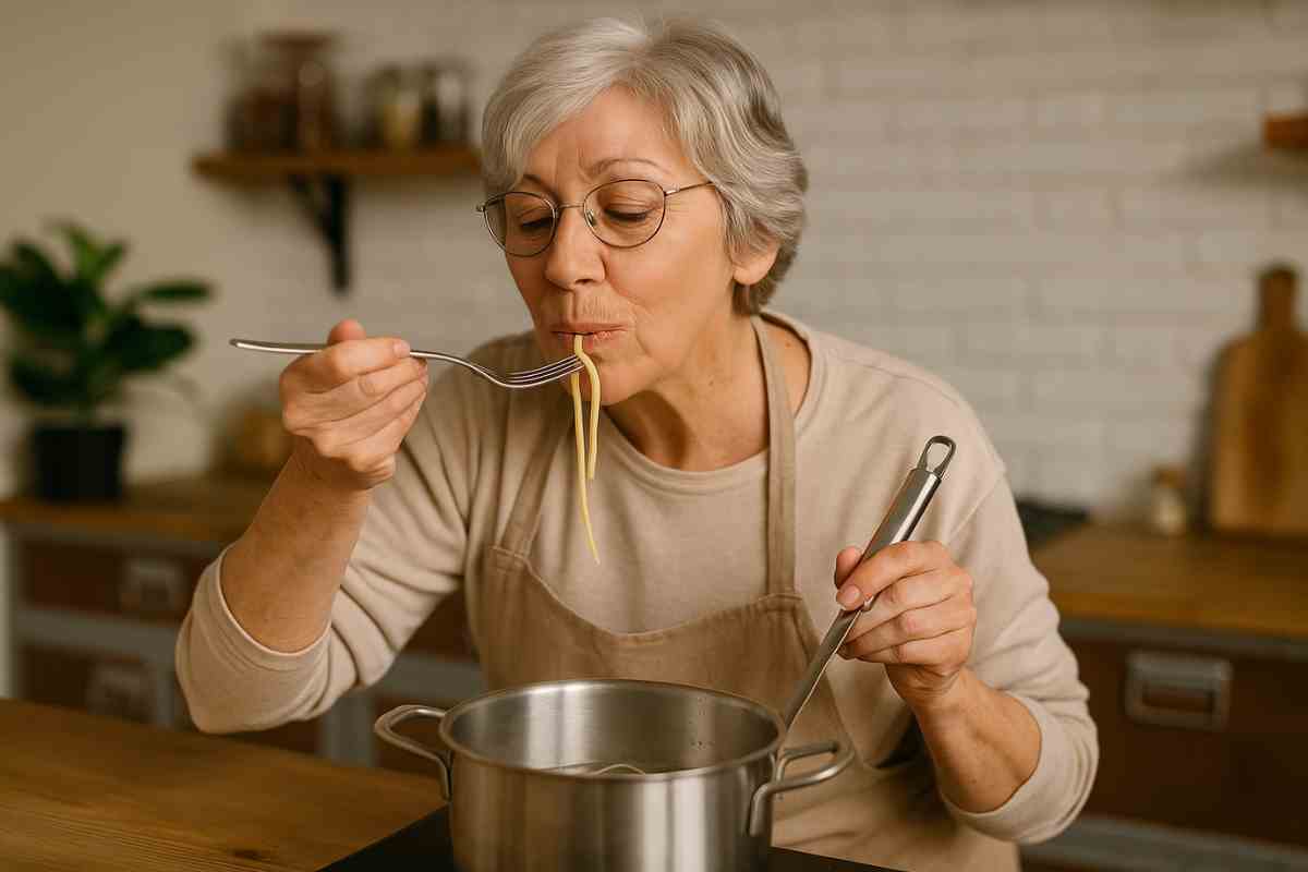 donna che assaggia la pasta dalla pentola