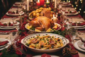 tavola di natale imbandita con pietanza: secondi e contorni