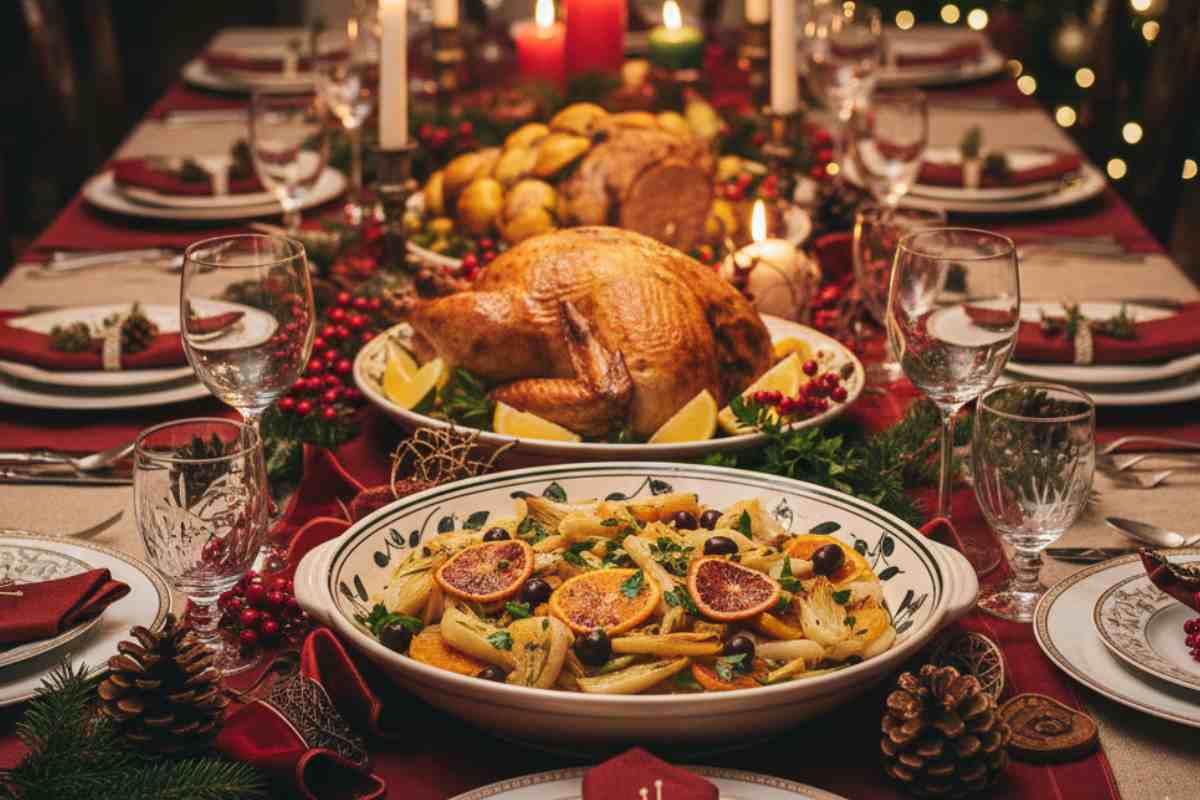 tavola di natale imbandita con pietanza: secondi e contorni