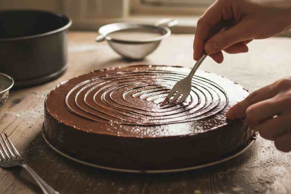 torta al cioccolato con decorazione fatta da una forchetta