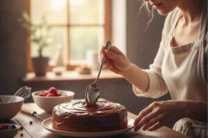 donna che con un cucchiaio decora una torta al cioccolato