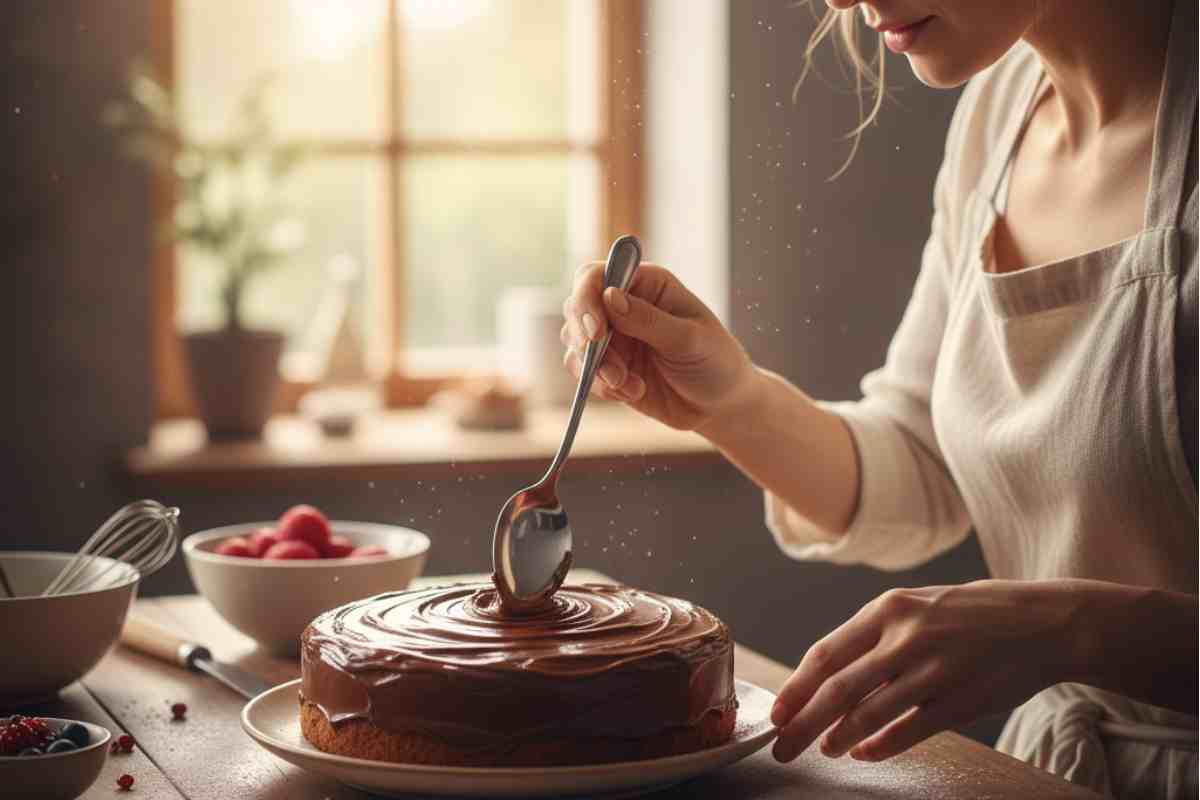 donna che con un cucchiaio decora una torta al cioccolato