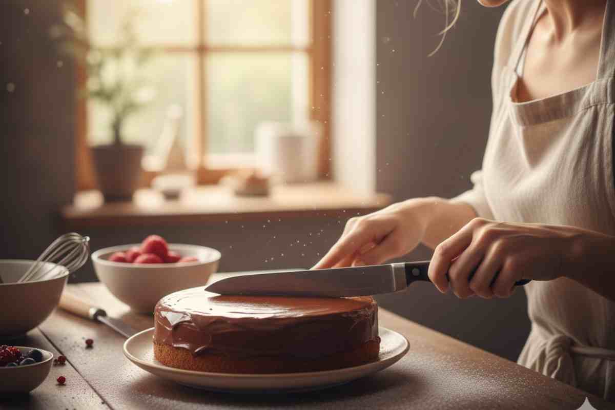 donna decora torta con un coltello caldo