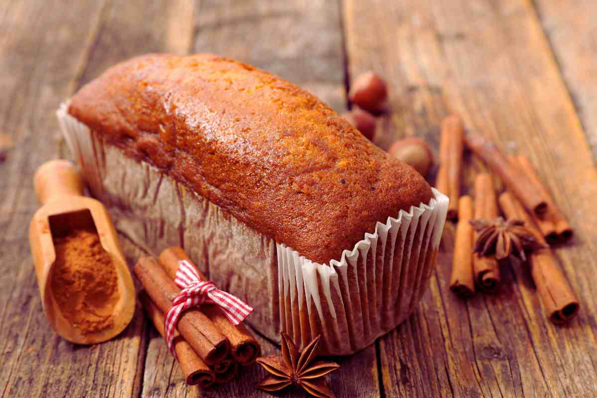 torta pan di spezie nello stampo plumcake con cannella intorno