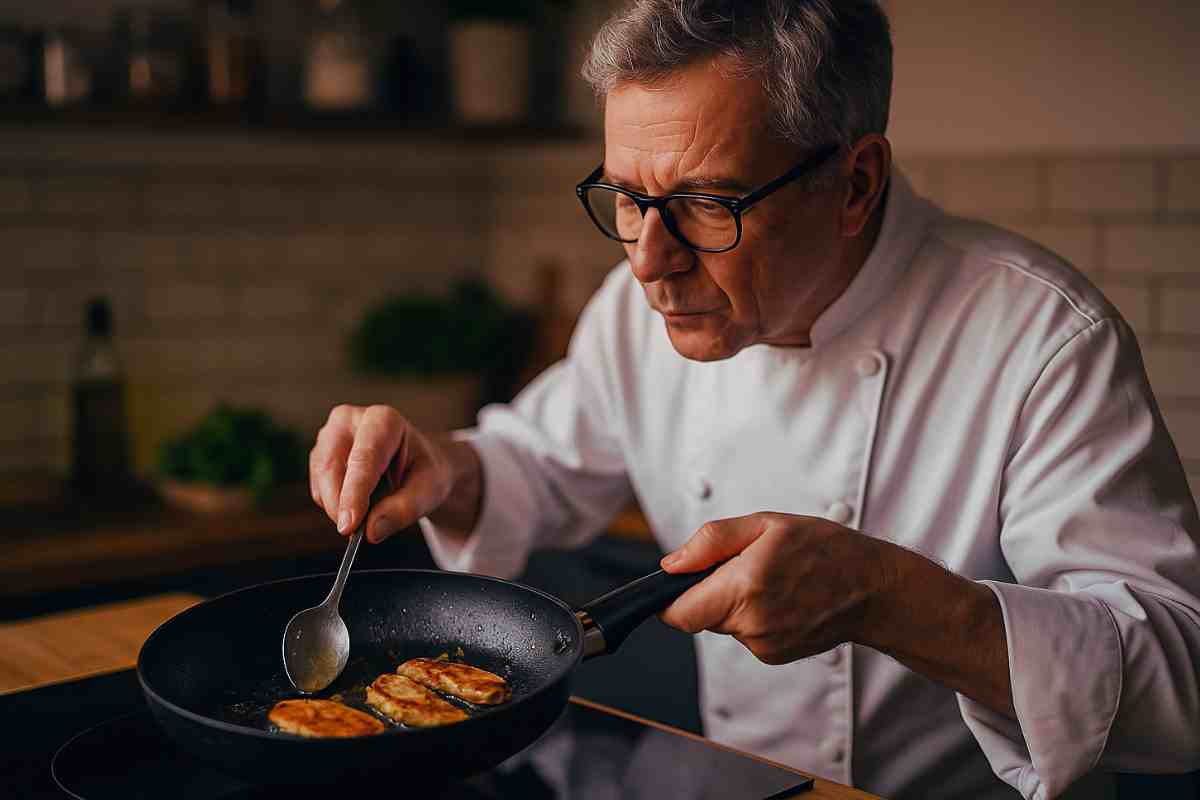 chef esperto che gira qualcosa in padella