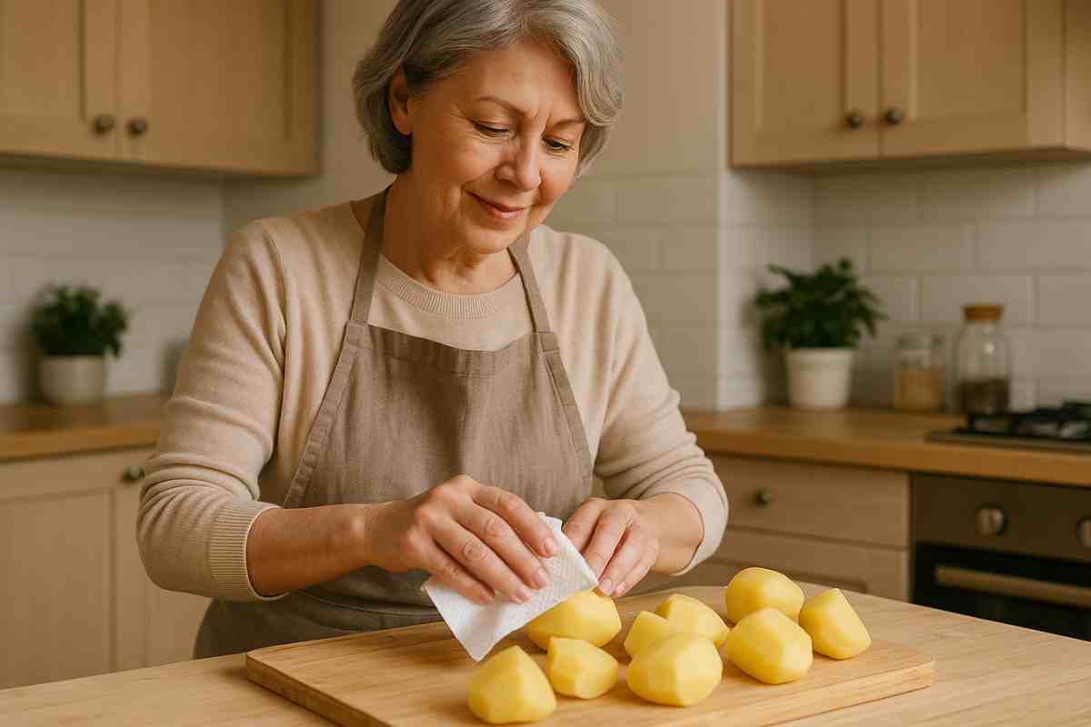 signora che asciuga le patate con una carta