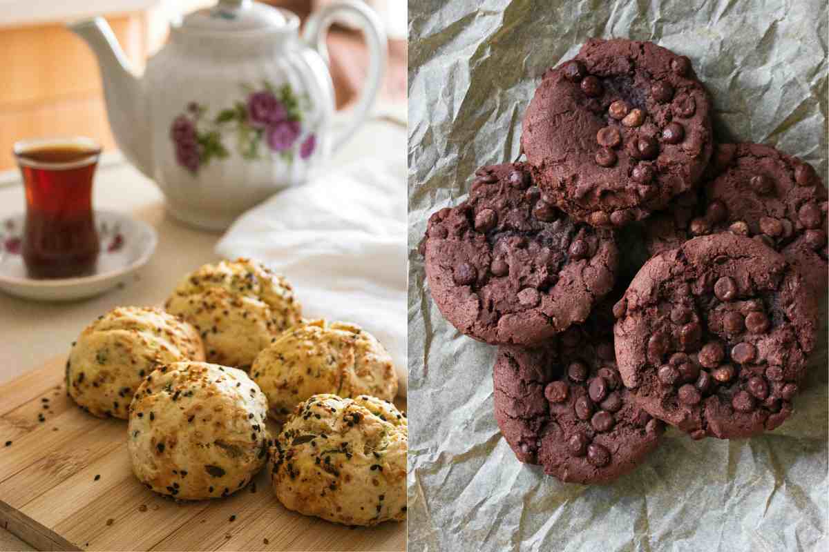 due tipologie di biscotti differenti, uno stile pan goccioli, l'altro coockie al cioccolato