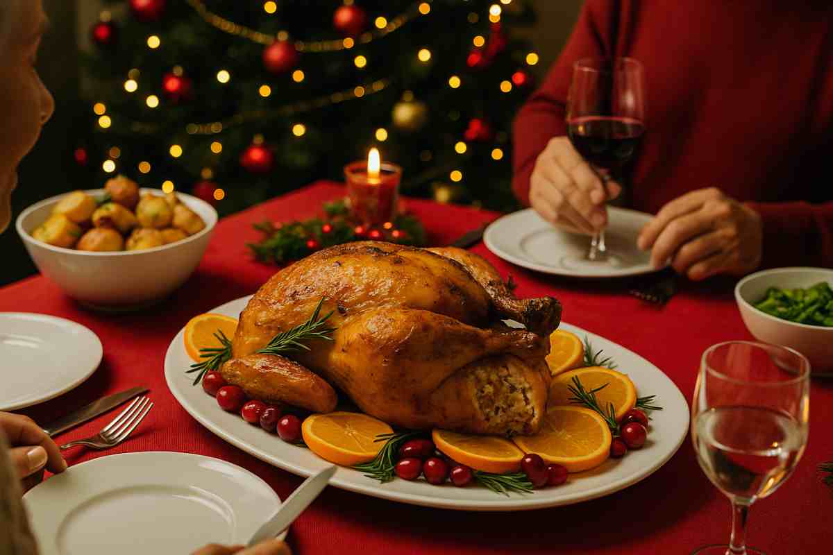 pollo arrosto intero su un piatto poggiato su una tavola imbandita per natale