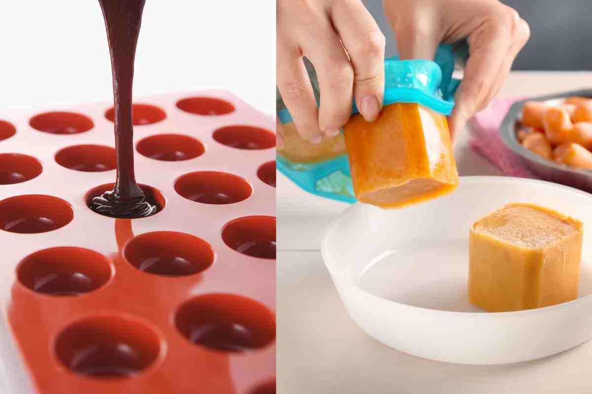 stampo di silicone mentre si versa l'impasto e mentre si estrae